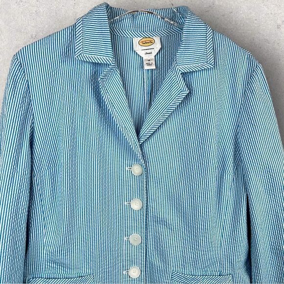 RARE!!!! TALBOTS Seersucker Blazer Pin Stripe in White and Turquoise Size 14 - Picture 2 of 9
